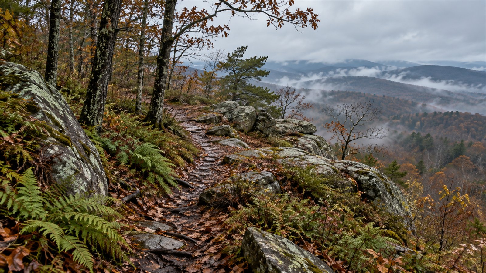 A wet, rocky trail crosses a wooded ridge above low clouds and autumn hills.